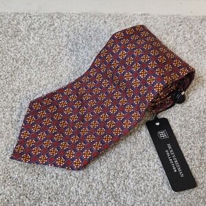 Hickey Freeman Collection Silk Tie Red Blue Geometric Medallion Italy NWT 4"